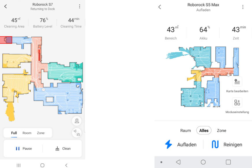 Comparing the navigation of the Roborock S5 Max and the S7 in the mobile app